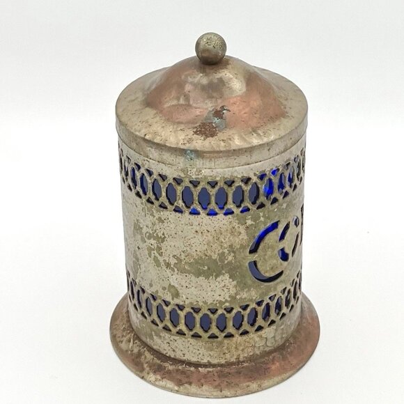 Vintage 50s MCM Silverplate & Cobalt Blue Liner Coffee Canister Art Deco Moorish - Picture 2 of 7